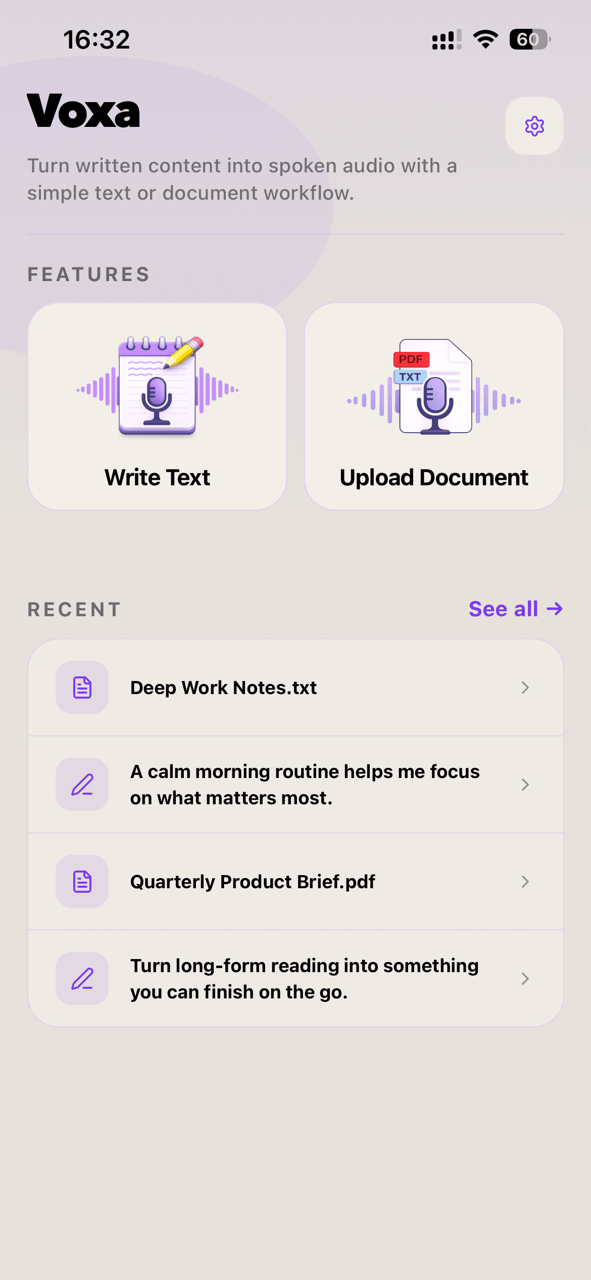 Voxa home screen with write text and upload document actions plus recent listening sessions