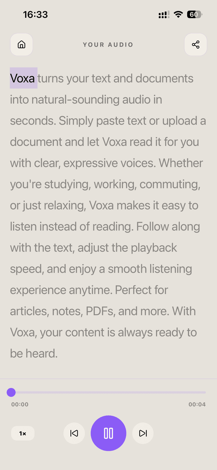 Voxa app preview showing text input and voice controls